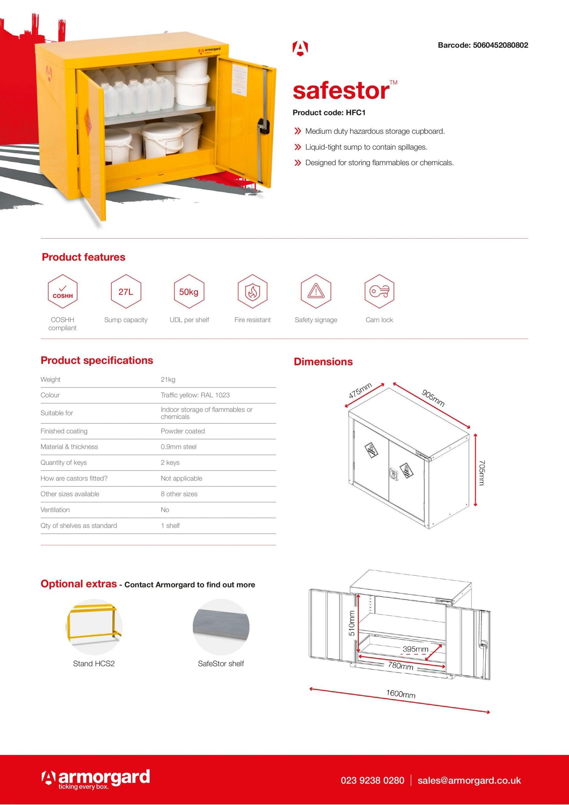 Safestor hazardous substance cabinet HFC1 - UK Amenity Ltd